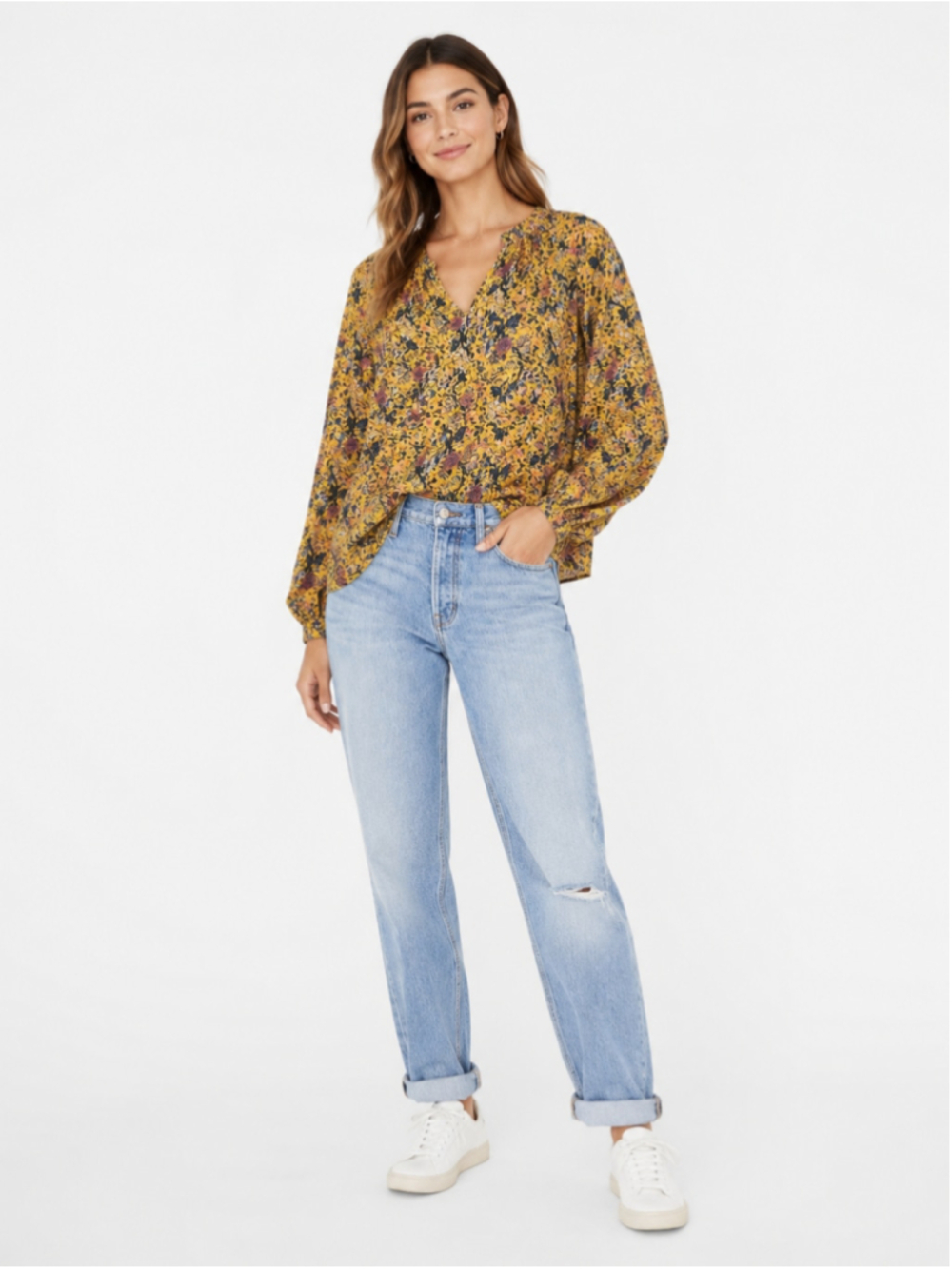 Madewell x Karen Walker 100% Silk Floral Boho Blouse Top Mustard Yellow XL